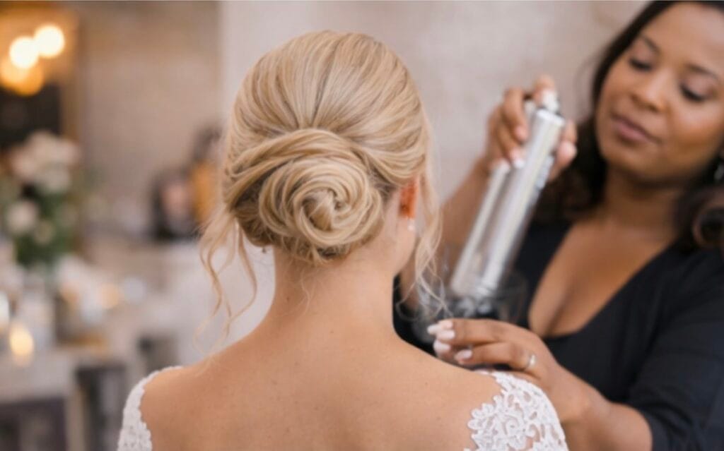 Bridal hairstylist creating elegant updo for bride wedding hair styling soft glam bridal hair