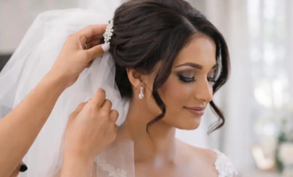 Bridal hair and makeup artist styling bride for wedding soft glam look professional bridal services