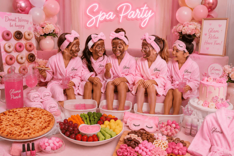Kids spa birthday party setup with pink robes, chocolate facials, pedicure stations, sleep masks and glam party treats