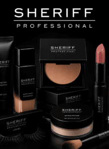 Sheriff Professional Cosmetics luxury makeup collection featuring professional beauty products in matte black packaging including foundation, lipstick, lashes, powder, and lip gloss.