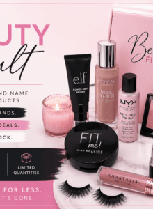 Closeout liquidation makeup and skincare products in Canada featuring discounted beauty brands, cosmetics, lashes, foundations, palettes, and beauty tools from The Beauty Vault by The Beauty Box by Sheriff.
