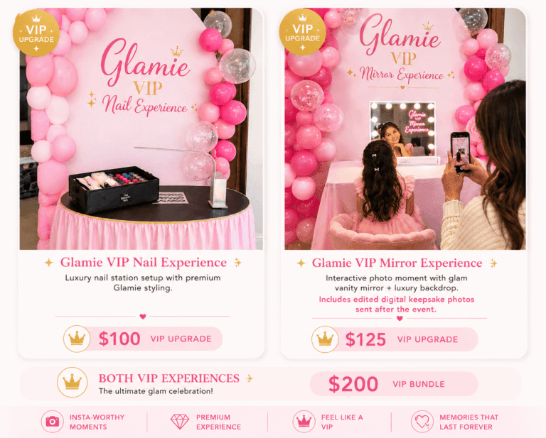 Glamie VIP kids spa party upgrades featuring luxury nail booth and VIP mirror experience with pink glam backdrop and photo experience in Winnipeg