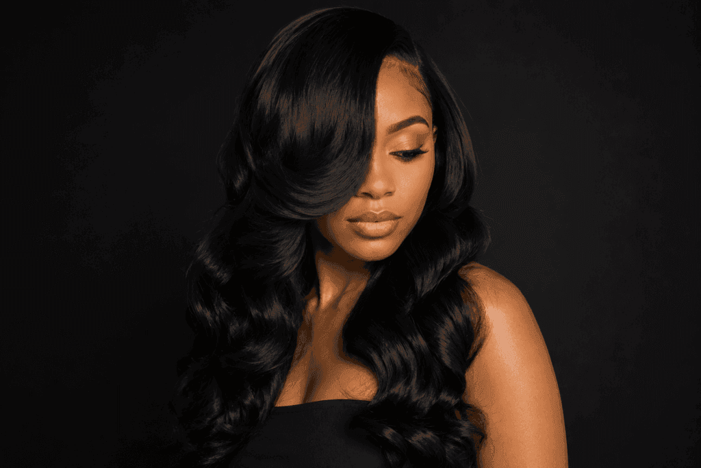 Black hair services Winnipeg featuring luxury silk press, glam waves, bridal hairstyling, sew-ins, wigs, extensions, and professional hairstylist services by The Beauty Box by Sheriff x GlamGoRound