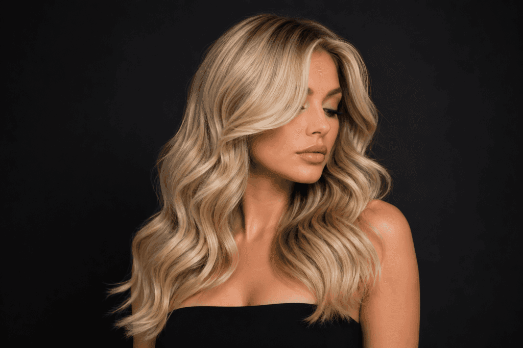 Luxury blonde hair services in Winnipeg featuring glam waves, bridal hairstyling, balayage-inspired styles, extensions, and mobile hair services by The Beauty Box by Sheriff x GlamGoRound
