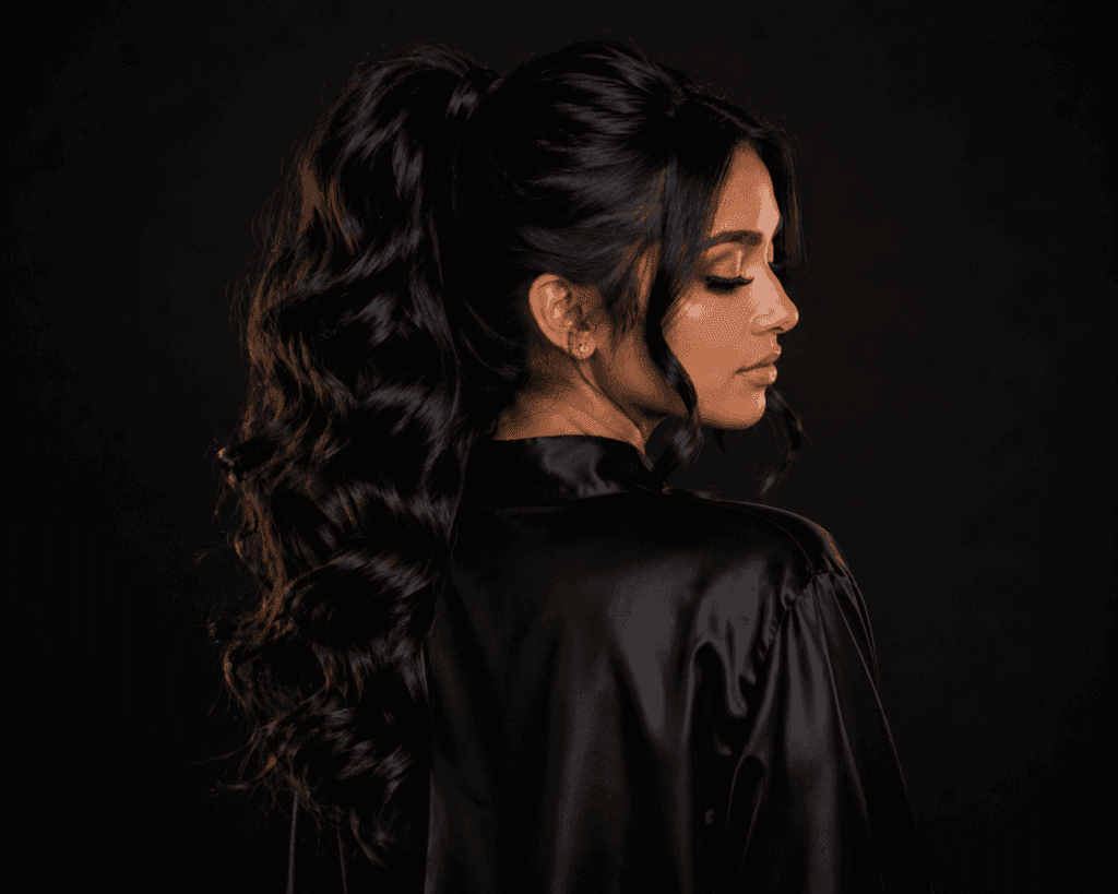 Luxury Indian hair services in Winnipeg featuring glam ponytail hairstyling, bridal hair, textured glam waves, and event hairstylist services by The Beauty Box by Sheriff x GlamGoRound