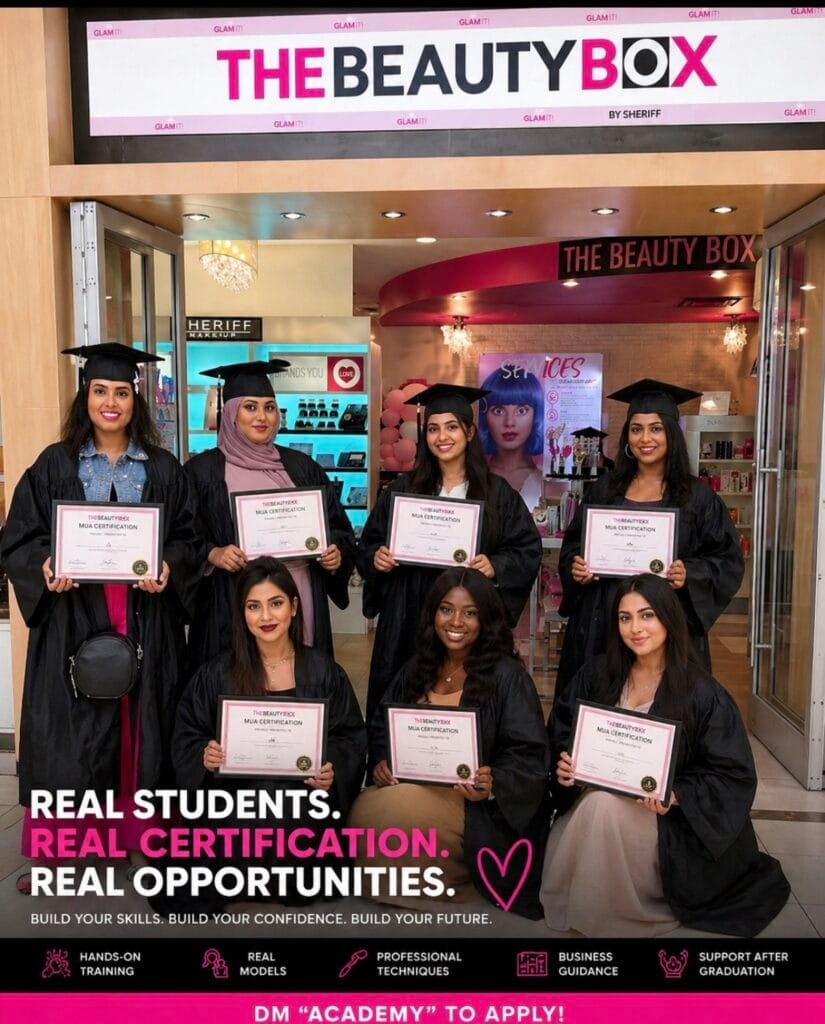 Professional makeup classes in Winnipeg featuring hands-on beauty training, bridal makeup education, glam makeup certification, luxury beauty academy experience, real student graduation program, and makeup artist career training by We Glam It! Academy and The Beauty Box by Sheriff.