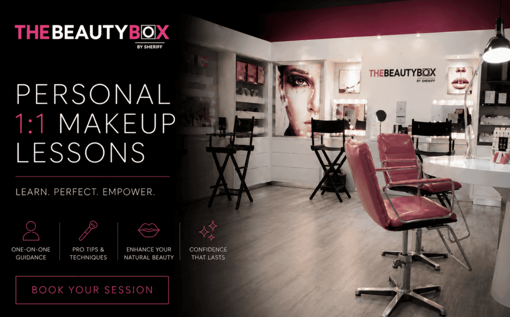 Personal 1:1 makeup lessons in Winnipeg Canada by The Beauty Box by Sheriff featuring private glam makeup training and beauty education services