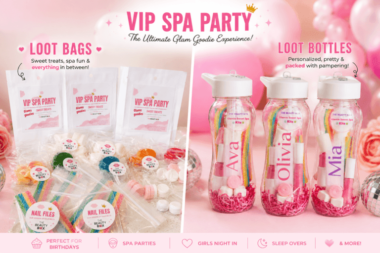 Kids spa party loot bags and personalized loot bottles with candy treats and beauty items for girls birthday parties and spa party favors