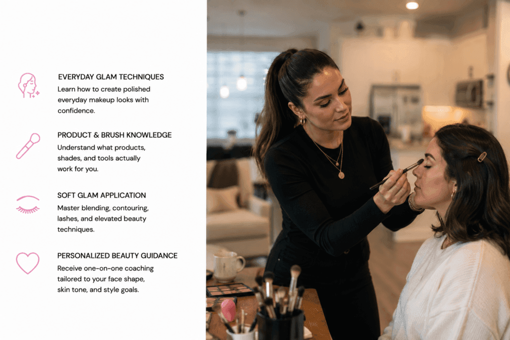 Personal 1:1 makeup lessons and beauty coaching session featuring professional glam makeup training in a luxury home setting by The Beauty Box by Sheriff