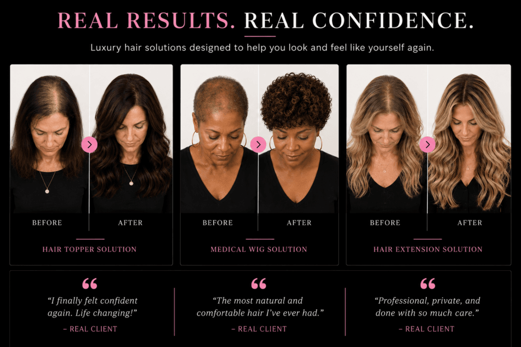 Before and after medical wig, hair topper, and hair extension transformations in Winnipeg featuring luxury hair loss solutions, confidence restoration, custom wigs, and personalized hair enhancement services by The Beauty Box by Sheriff x GlamGoRound.