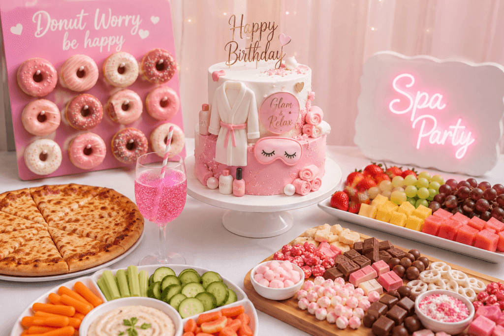 Kids spa party ideas with pink spa cake, donut wall, pizza, candy board, fruit trays and glam party setup